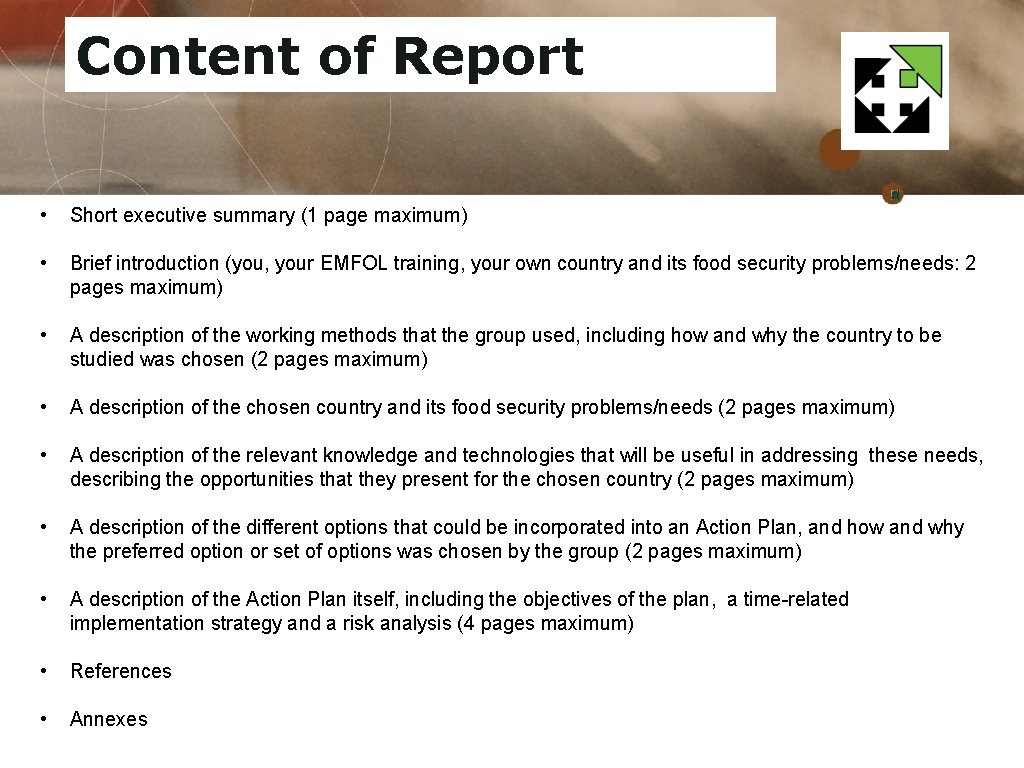 Content of Report • Short executive summary (1 page maximum) • Brief introduction (you,