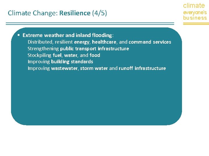 Climate Change: Resilience (4/5) Extreme weather and inland flooding: Distributed, resilient energy, healthcare, and