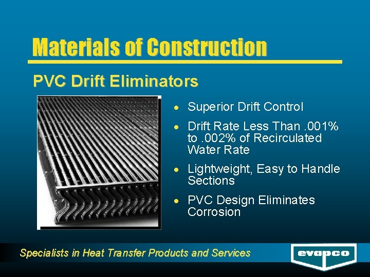 Materials of Construction PVC Drift Eliminators · Superior Drift Control · Drift Rate Less