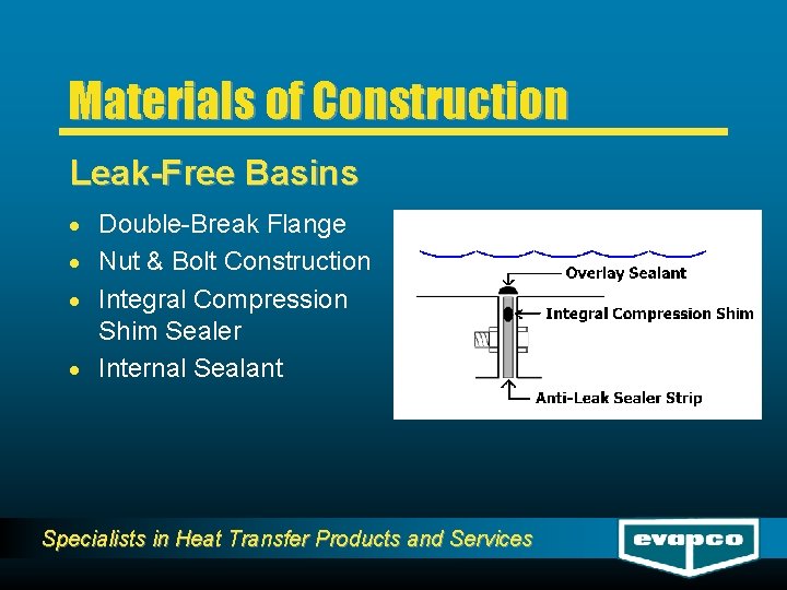 Materials of Construction Leak-Free Basins · Double-Break Flange · Nut & Bolt Construction ·