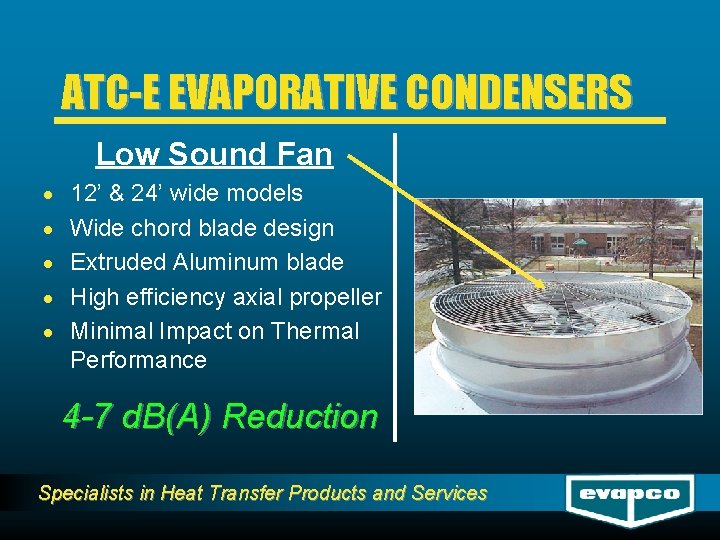 ATC-E EVAPORATIVE CONDENSERS Low Sound Fan · 12’ & 24’ wide models · Wide