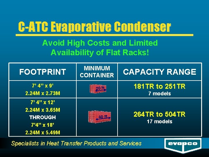 C-ATC Evaporative Condenser Avoid High Costs and Limited Availability of Flat Racks! FOOTPRINT 7’