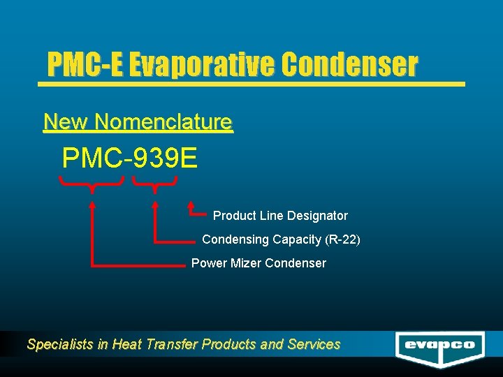 PMC-E Evaporative Condenser New Nomenclature PMC-939 E Product Line Designator Condensing Capacity (R-22) Power