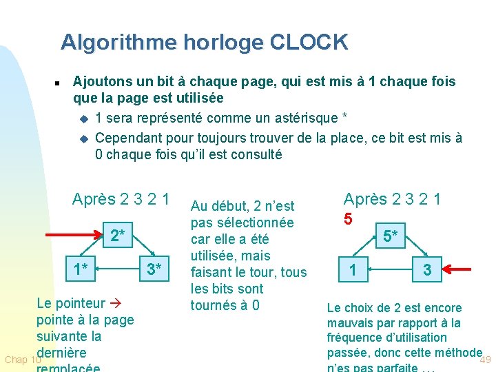 Algorithme horloge CLOCK n Ajoutons un bit à chaque page, qui est mis à