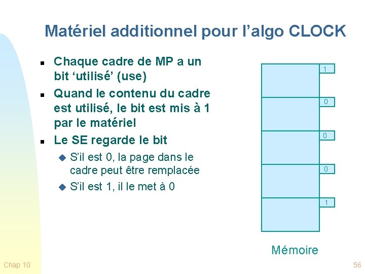 Matériel additionnel pour l’algo CLOCK n n n Chaque cadre de MP a un