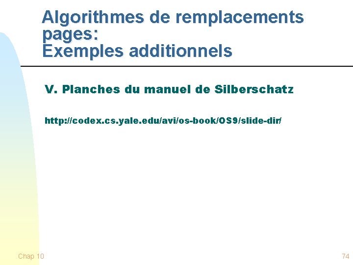 Algorithmes de remplacements pages: Exemples additionnels V. Planches du manuel de Silberschatz http: //codex.