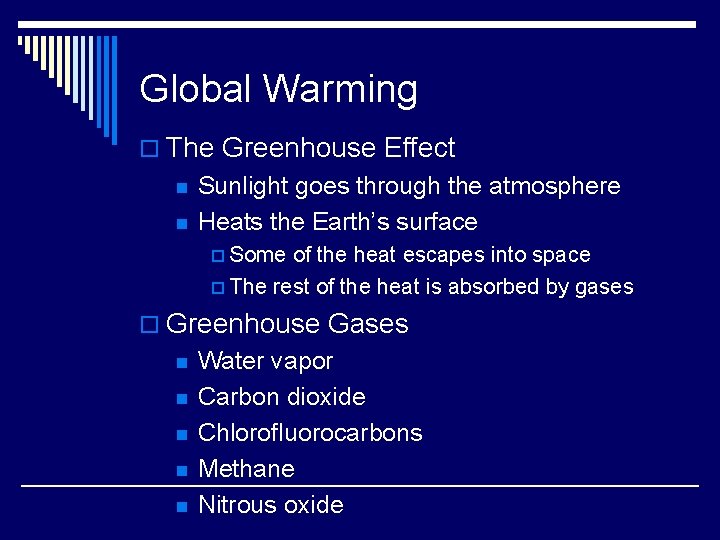 Global Warming o The Greenhouse Effect n n Sunlight goes through the atmosphere Heats