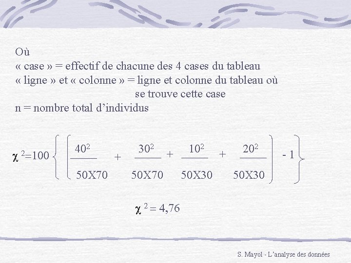 Où « case » = effectif de chacune des 4 cases du tableau «