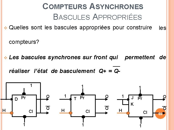 COMPTEURS ASYNCHRONES BASCULES APPROPRIÉES Quelles sont les bascules appropriées pour construire les compteurs? Les