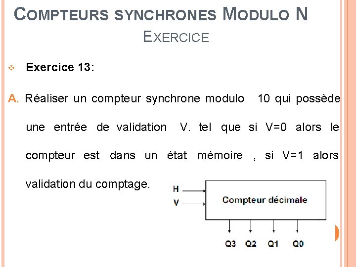 COMPTEURS SYNCHRONES MODULO N EXERCICE Exercice 13: A. Réaliser un compteur synchrone modulo une