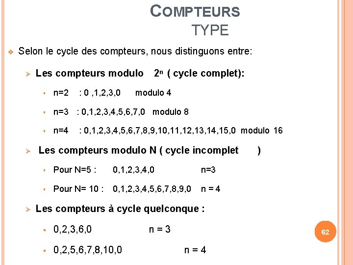 COMPTEURS TYPE Selon le cycle des compteurs, nous distinguons entre: Les compteurs modulo :
