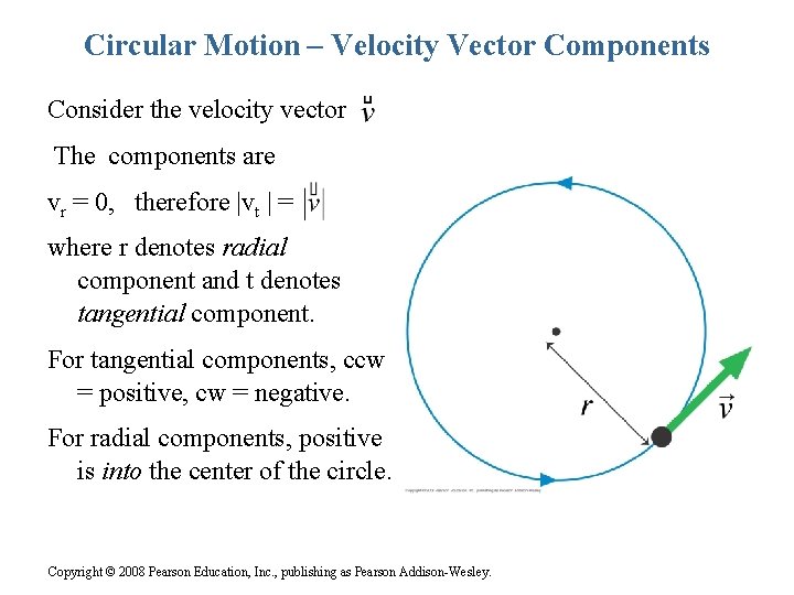Circular Motion – Velocity Vector Components Consider the velocity vector The components are vr
