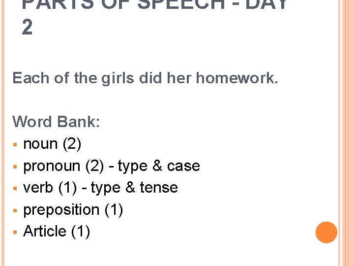 PARTS OF SPEECH - DAY 2 Each of the girls did her homework. Word