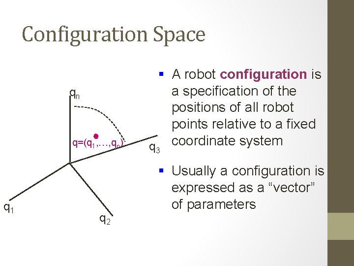 Configuration Space qn q=(q 1, …, qn) q 1 q 2 § A robot