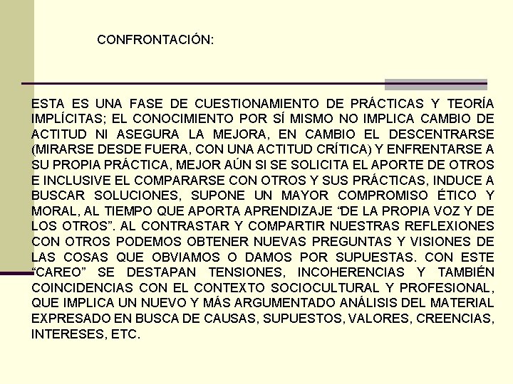 CONFRONTACIÓN: ESTA ES UNA FASE DE CUESTIONAMIENTO DE PRÁCTICAS Y TEORÍA IMPLÍCITAS; EL CONOCIMIENTO