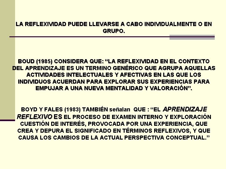 LA REFLEXIVIDAD PUEDE LLEVARSE A CABO INDIVIDUALMENTE O EN GRUPO. BOUD (1985) CONSIDERA QUE:
