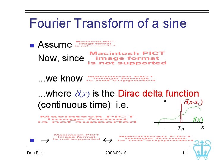 Fourier Transform of a sine n Assume Now, since. . . we know. . Fourier Transform of a sine n Assume Now, since. . . we know. .