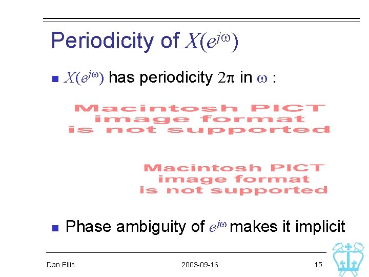 Periodicity of X(ejw) n X(ejw) has periodicity 2 p in w : n Phase Periodicity of X(ejw) n X(ejw) has periodicity 2 p in w : n Phase