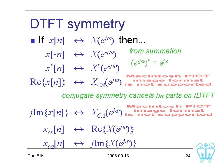 DTFT symmetry If x[n] x[-n] x*[n] Re{x[n]} n X(ejw) then. . . X(e-jw) from