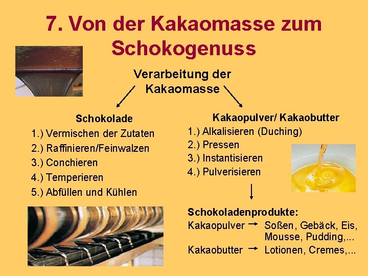 7. Von der Kakaomasse zum Schokogenuss Verarbeitung der Kakaomasse Schokolade 1. ) Vermischen der