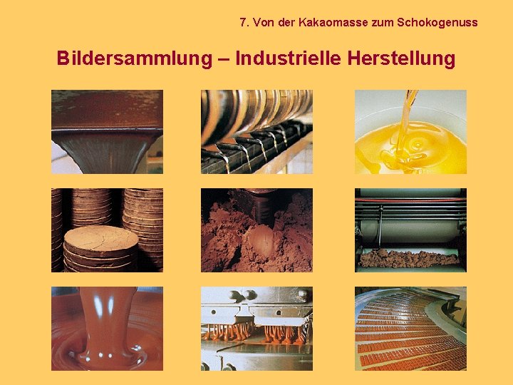 7. Von der Kakaomasse zum Schokogenuss Bildersammlung – Industrielle Herstellung 