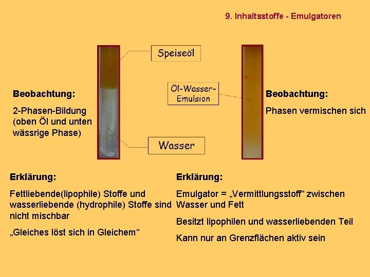 9. Inhaltsstoffe - Emulgatoren Beobachtung: 2 -Phasen-Bildung (oben Öl und unten wässrige Phase) Phasen