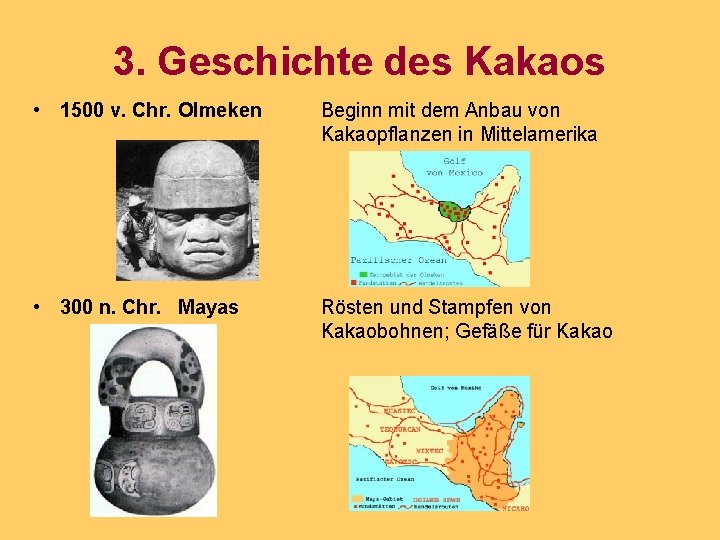 3. Geschichte des Kakaos • 1500 v. Chr. Olmeken Beginn mit dem Anbau von
