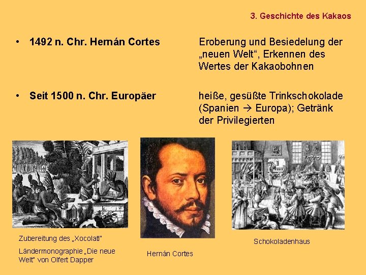 3. Geschichte des Kakaos • 1492 n. Chr. Hernán Cortes • Seit 1500 n.