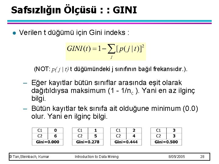 Safsızlığın Ölçüsü : : GINI l Verilen t düğümü için Gini indeks : (NOT: