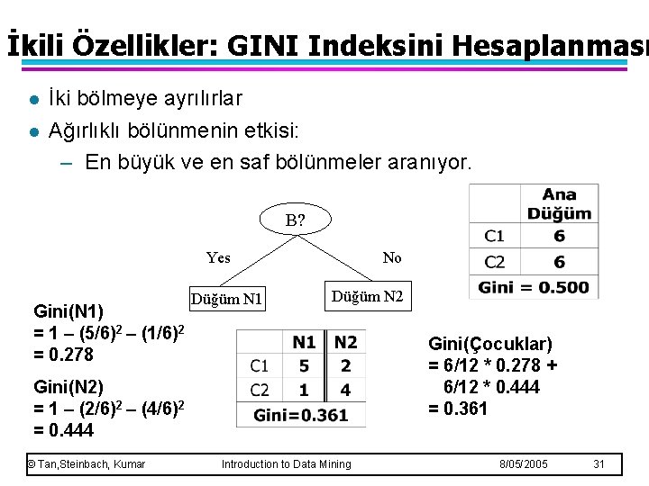 İkili Özellikler: GINI Indeksini Hesaplanması l l İki bölmeye ayrılırlar Ağırlıklı bölünmenin etkisi: –