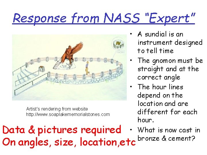 Response from NASS “Expert” Artist’s rendering from website http: //www. soaplakememorialstones. com • A