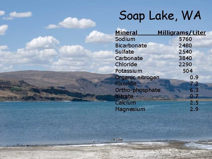 Soap Lake, WA Mineral Milligrams/Liter Sodium 5760 Bicarbonate 2480 Sulfate 2540 Carbonate 3840 Chloride