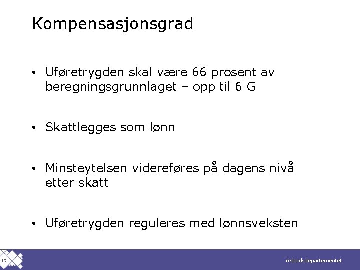Kompensasjonsgrad • Uføretrygden skal være 66 prosent av beregningsgrunnlaget – opp til 6 G