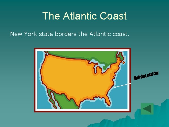 The Atlantic Coast New York state borders the Atlantic coast. 