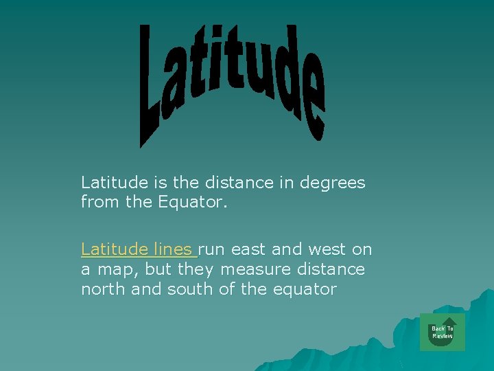 Latitude is the distance in degrees from the Equator. Latitude lines run east and