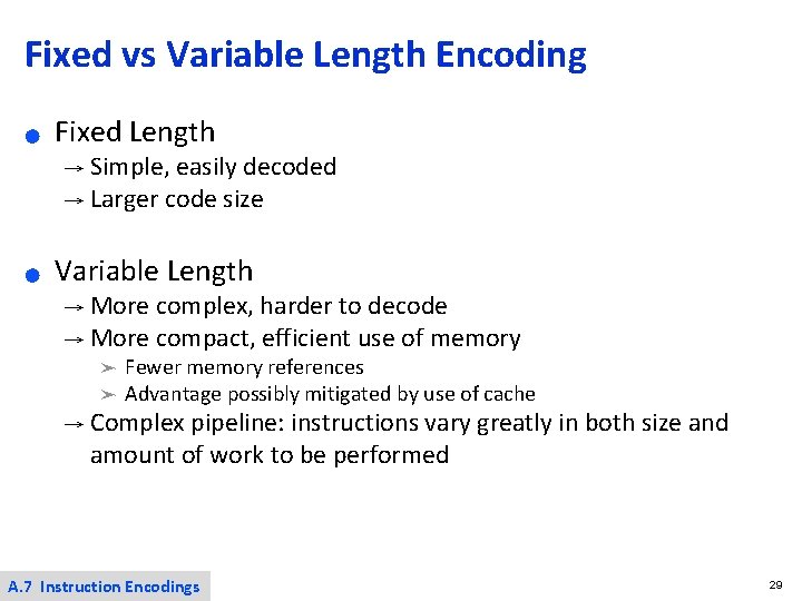 Fixed vs Variable Length Encoding ● Fixed Length → Simple, easily decoded → Larger