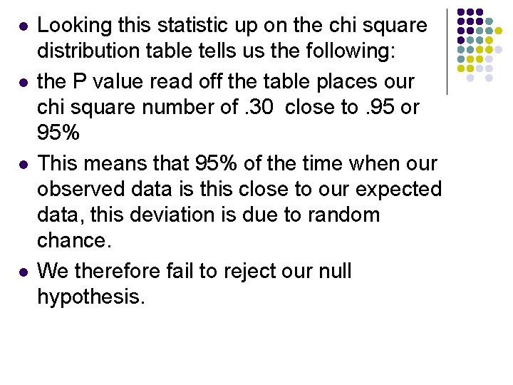 l l Looking this statistic up on the chi square distribution table tells us