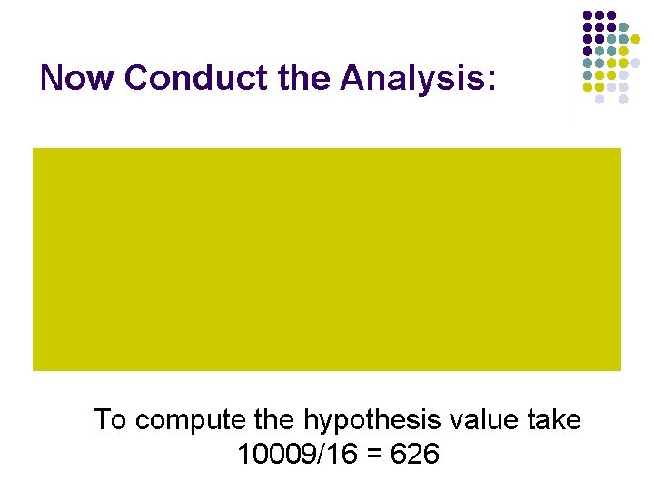 Now Conduct the Analysis: To compute the hypothesis value take 10009/16 = 626 