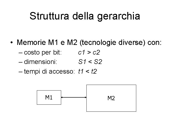 Struttura della gerarchia • Memorie M 1 e M 2 (tecnologie diverse) con: –