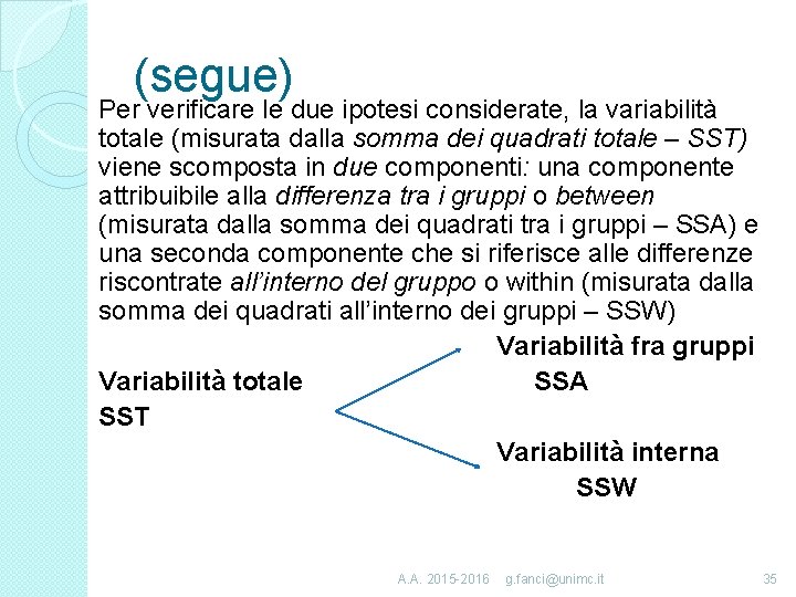(segue) Per verificare le due ipotesi considerate, la variabilità totale (misurata dalla somma dei
