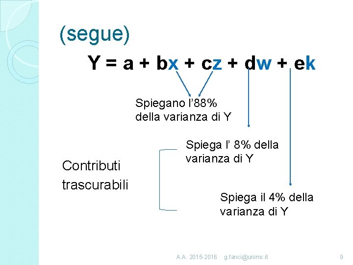 (segue) Y = a + bx + cz + dw + ek Spiegano l’