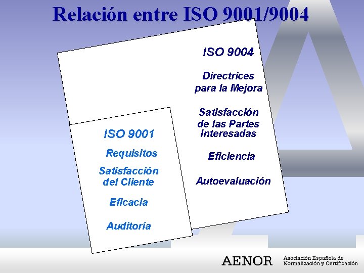 Relación entre ISO 9001/9004 ISO 9004 Directrices para la Mejora ISO 9001 Requisitos Satisfacción