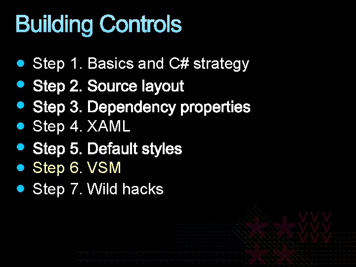 Building Controls Step 1. Basics and C# strategy Step 4. XAML Step 6. VSM