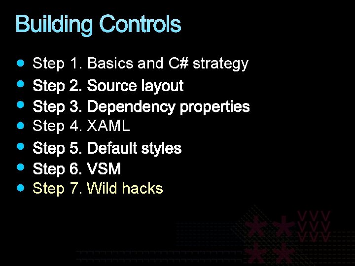 Building Controls Step 1. Basics and C# strategy Step 4. XAML Step 7. Wild