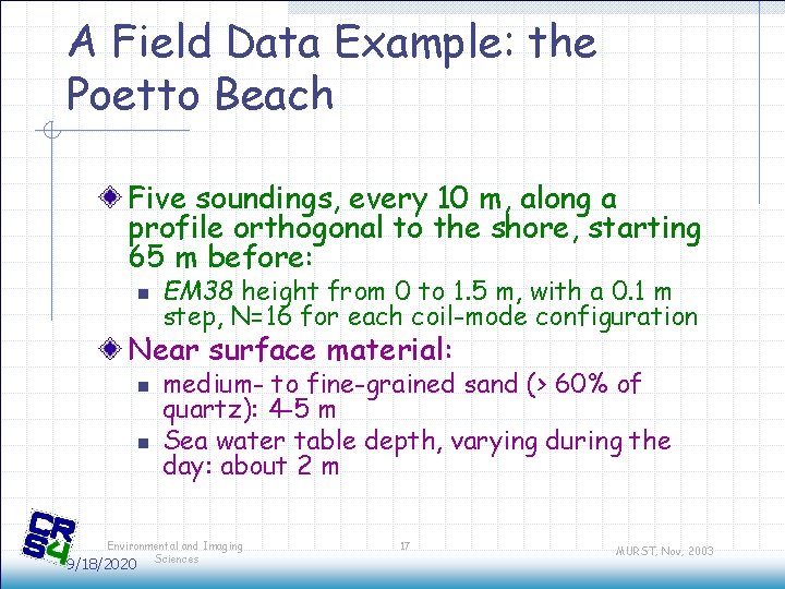A Field Data Example: the Poetto Beach Five soundings, every 10 m, along a A Field Data Example: the Poetto Beach Five soundings, every 10 m, along a