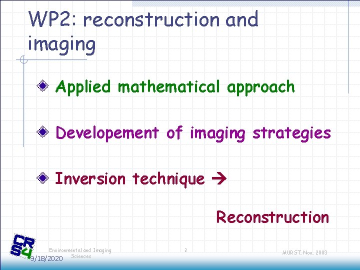 WP 2: reconstruction and imaging Applied mathematical approach Developement of imaging strategies Inversion technique WP 2: reconstruction and imaging Applied mathematical approach Developement of imaging strategies Inversion technique