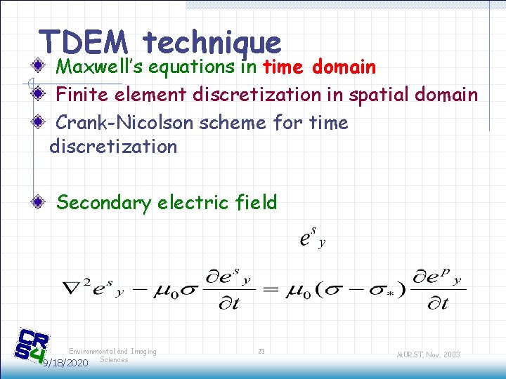 TDEM technique Maxwell’s equations in time domain Finite element discretization in spatial domain Crank-Nicolson TDEM technique Maxwell’s equations in time domain Finite element discretization in spatial domain Crank-Nicolson