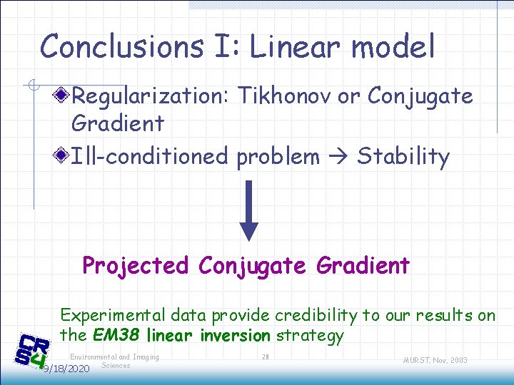 Conclusions I: Linear model Regularization: Tikhonov or Conjugate Gradient Ill-conditioned problem Stability Projected Conjugate