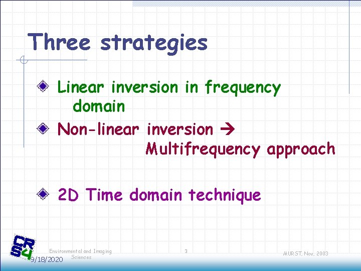 Three strategies Linear inversion in frequency domain Non-linear inversion Multifrequency approach 2 D Time Three strategies Linear inversion in frequency domain Non-linear inversion Multifrequency approach 2 D Time