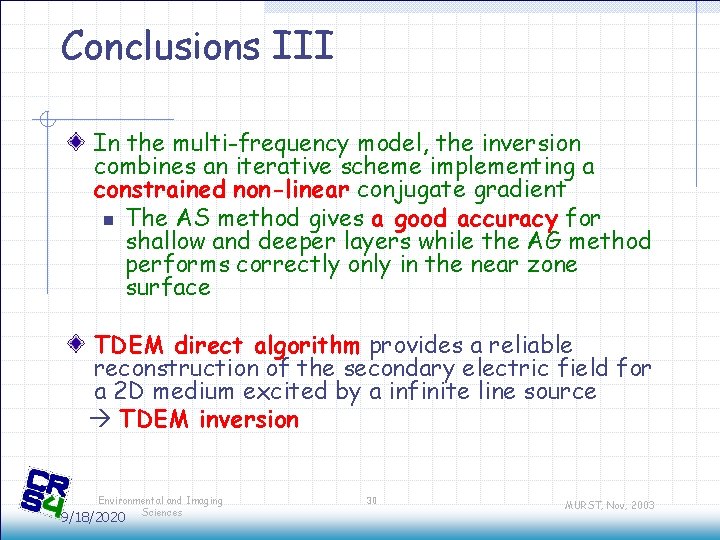 Conclusions III In the multi-frequency model, the inversion combines an iterative scheme implementing a